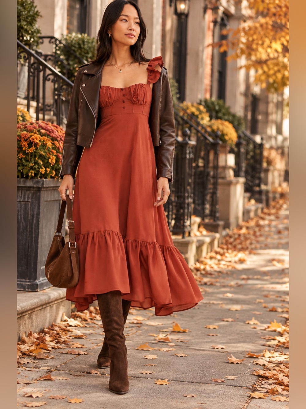 FARM Rio Rust Ruffle-Shoulder Midi Dress